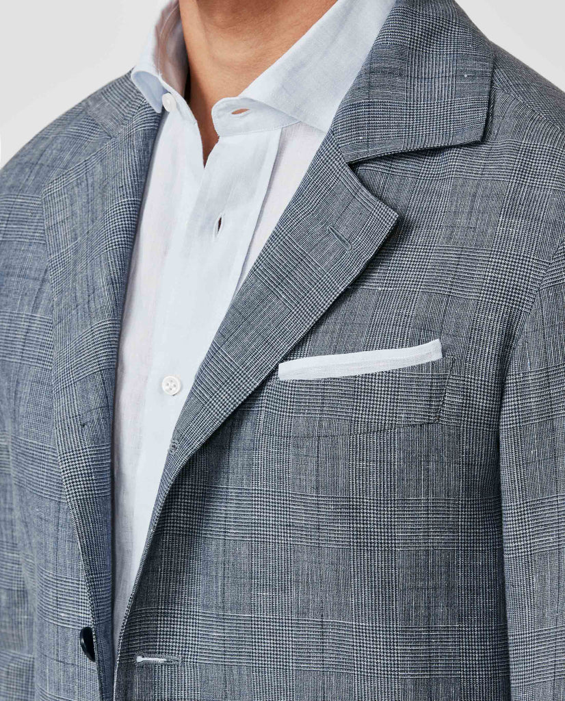 Drago Cool Blue Mélange Linen & Wool Glencheck with Navy Windowpane