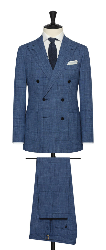 Loro Piana SUMMERTIME Two Blue Wool, Silk & Linen with Glencheck