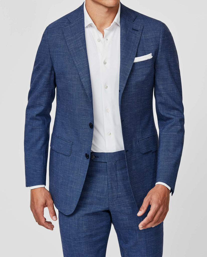 Reda Ocean Blue Stretch Jaspé Wool & Linen Houndstooth