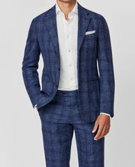 Loro Piana SUMMERTIME Two Blue Wool, Silk & Linen Tropical with Royal Blue Check