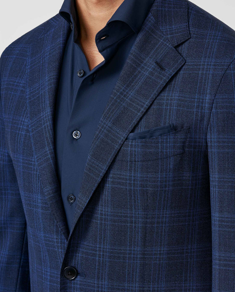 Loro Piana MOOVING Two Blue Stretch Merino Wool with Royal Blue Check