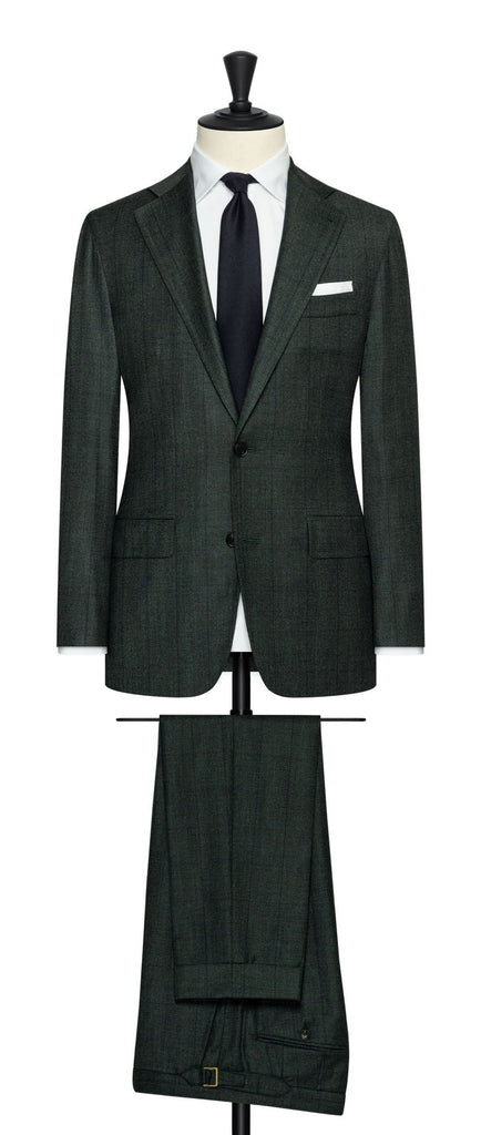 Loro Piana Dark Green S130 Sharkskin Wool With Subtle Glencheck And Windowpane