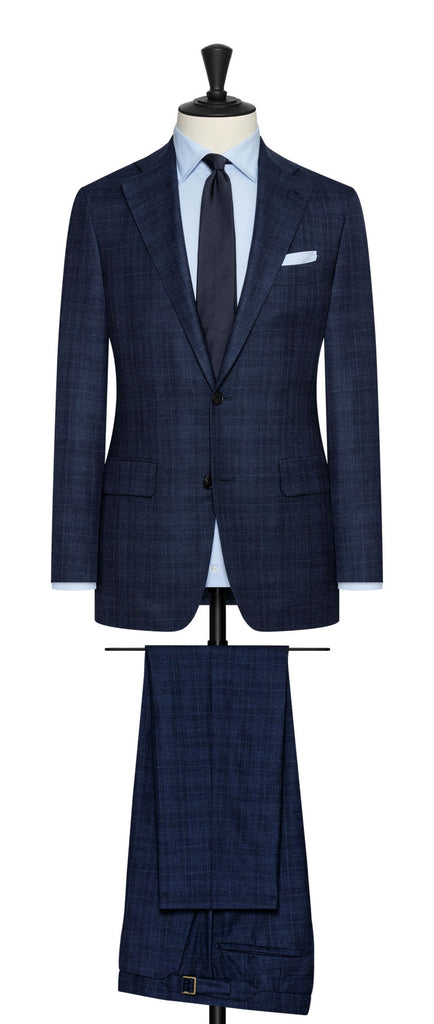 Colombo Navy Blue S150 Merino Wool & Silk With Subtle Double Check