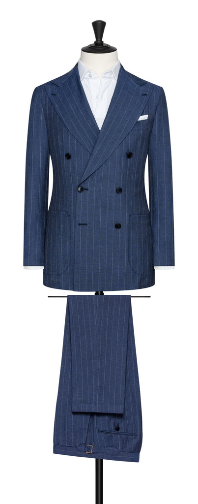 Barberis Canonico Blue Wool & Linen Plain Weave With Tonal Pinstripe