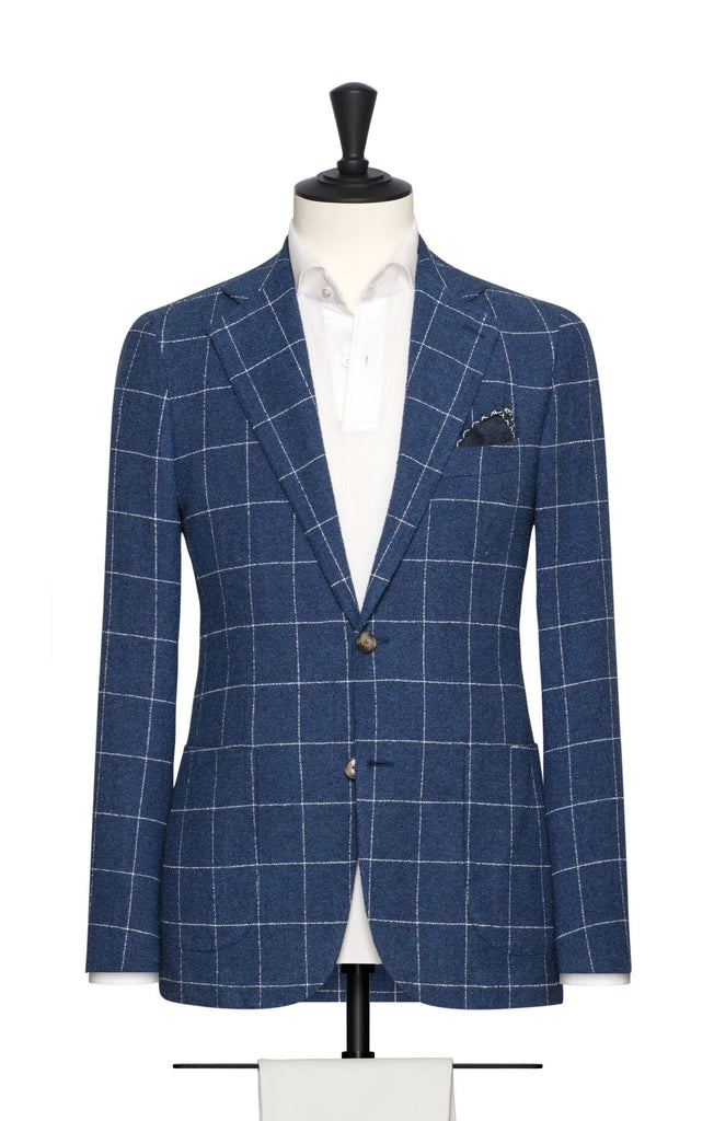 Solbiati Mid Blue Bouclé Cotton, Wool & Linen with Fine White Windowpane