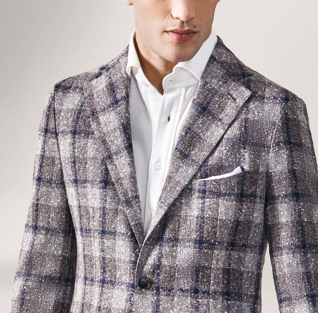 Ferla Taupe & Ivory Navy Linen Blend Slubbed Open Weave with Glencheck