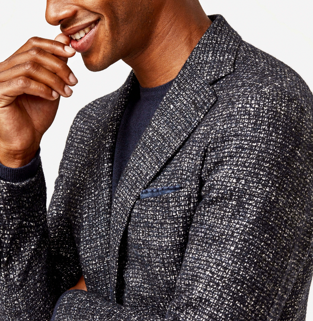 Ferla Black, White & Midnight Blue Baby Alpaca & Wool Bouclé with Micro Check