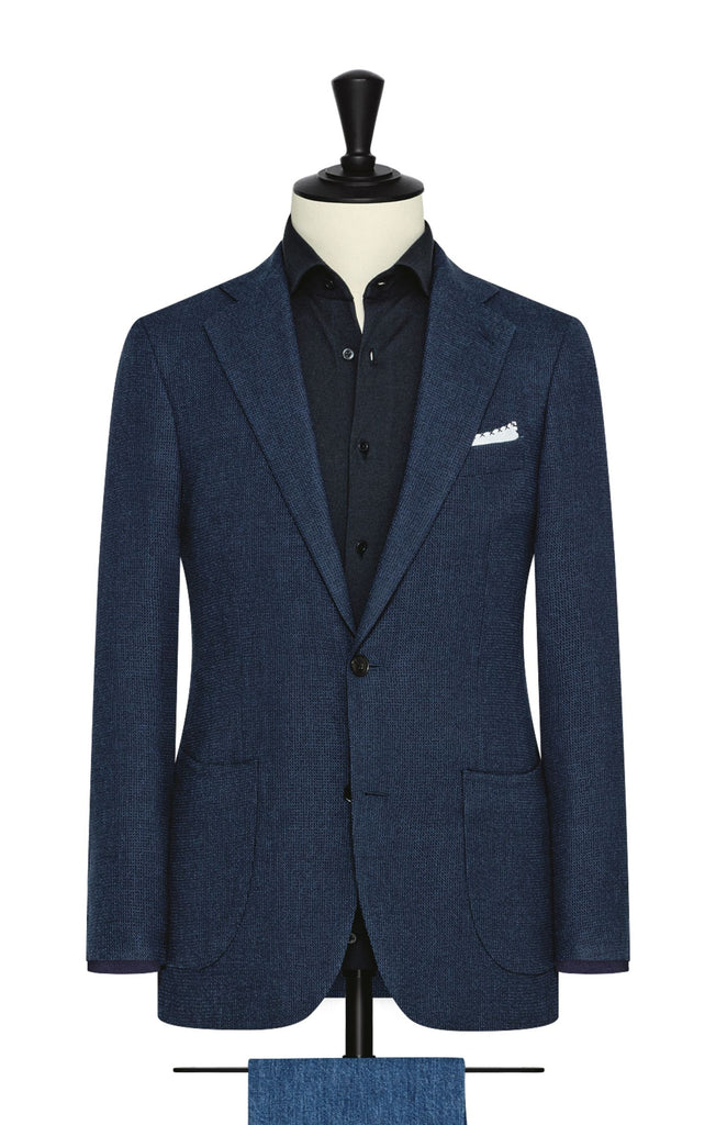Paolo Oliveira Navy Open Weave Merino Wool, Cotton & Linen Blend with Micro Check