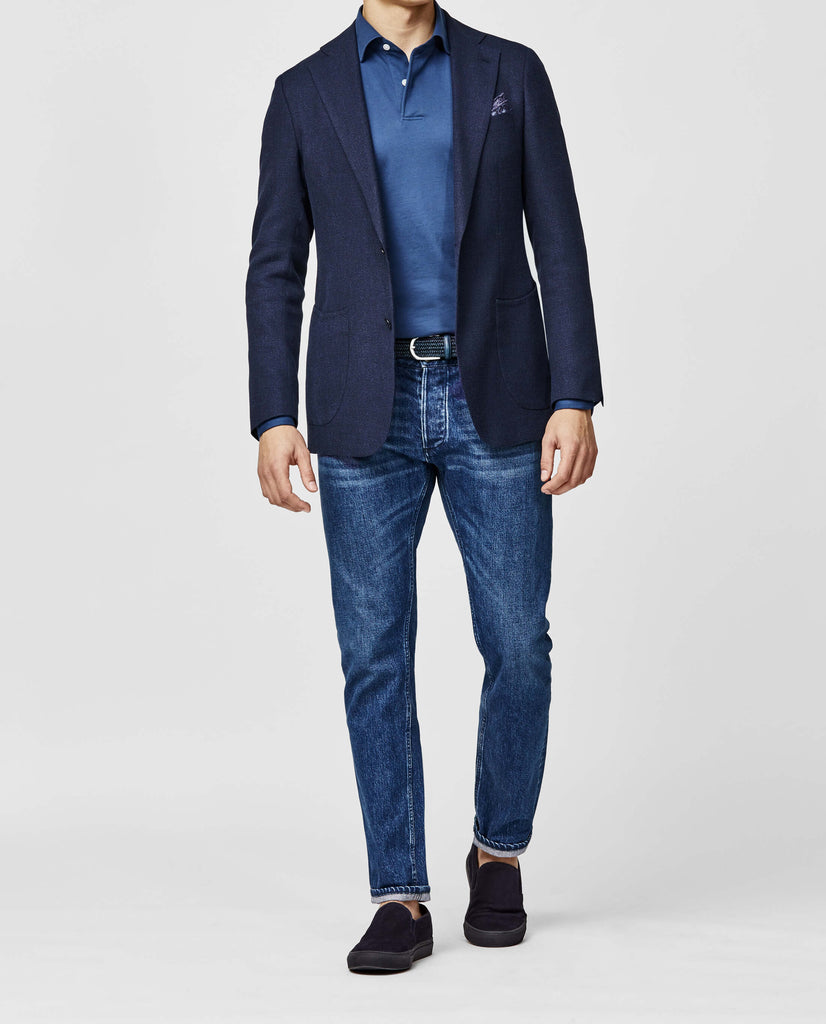 Paolo Oliveira Navy Open Weave Merino Wool, Cotton & Linen Blend with Micro Check