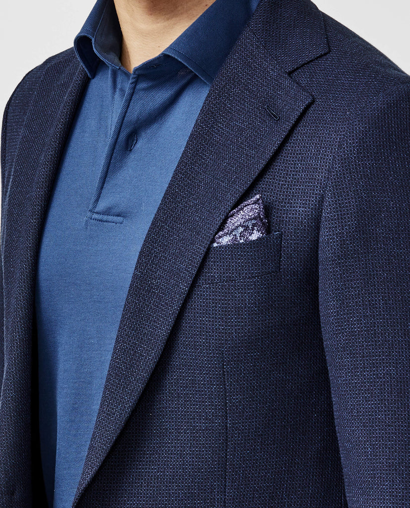Paolo Oliveira Navy Open Weave Merino Wool, Cotton & Linen Blend with Micro Check