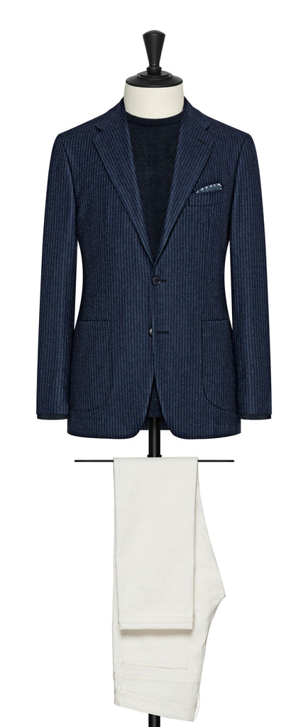 Milior Dark Blue Stretch Merino Wool & Cashmere Blend with Subtle Stripe