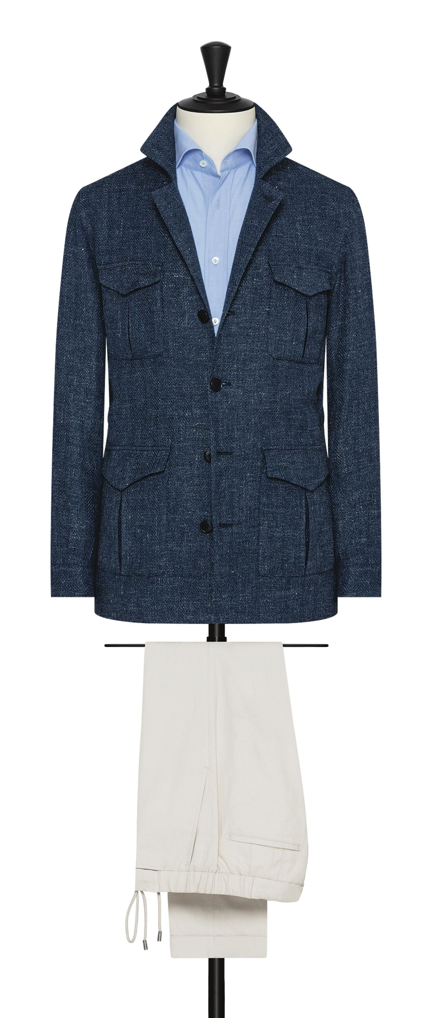 Angelico Indigo Blue Stretch Cotton & Linen Herringbone