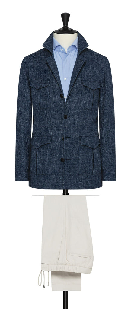 Angelico Indigo Blue Stretch Cotton & Linen Herringbone