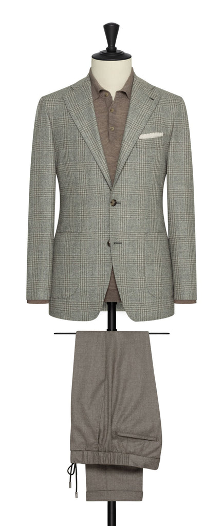 Di Pray Grey Mélange S130 Merino Wool with Taupe Prince of Wales Check
