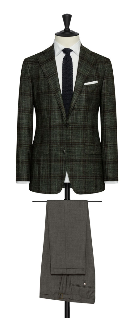 Fratelli di Delfino Dark Green Wool, Silk & Cashmere with Subtle Brown-Black Check