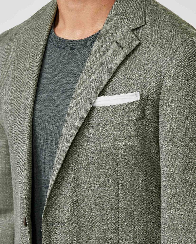 Drago Pewter Green Light Wool, Silk & Linen Herringbone