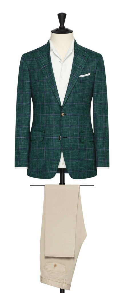 Loro Piana Jade Green Stretch Wool, Silk & Linen Basketweave with Royal Blue Check