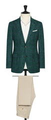 Loro Piana jade green stretch wool silk linen with royal blue check Inspiration