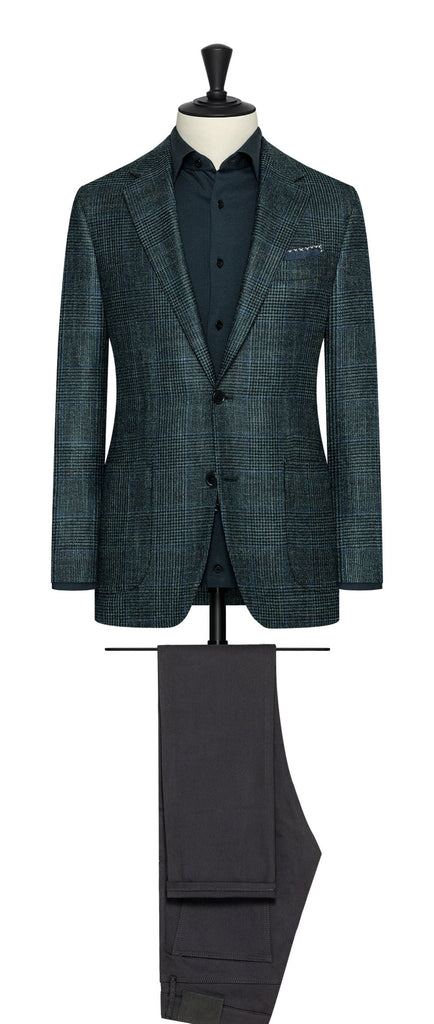 Loro Piana Green Wool, Silk & Cashmere Glencheck with Blue Check
