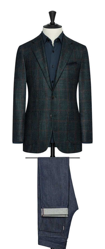 Loro Piana Dark Green Sharkskin Wool Silk Cashmere With Dark Brown Windowpane Inspiration