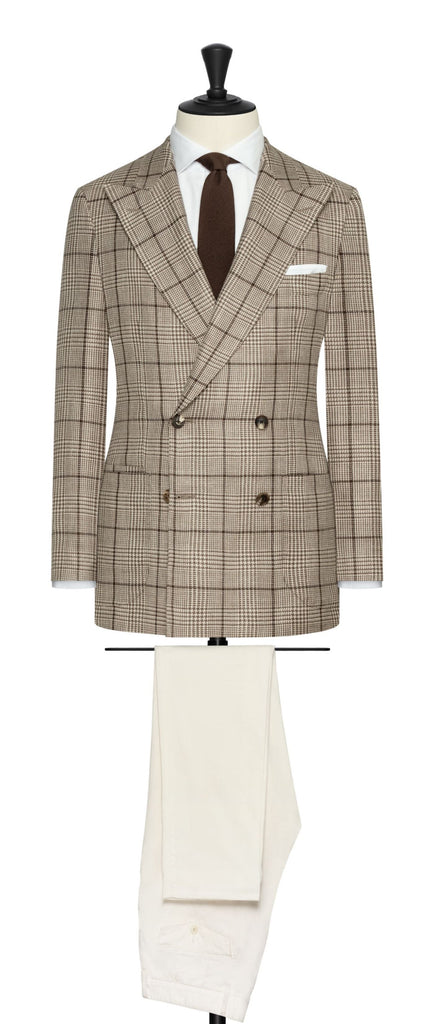 Loro Piana SUMMERTIME Taupe Wool, Silk & Linen with Brown Check