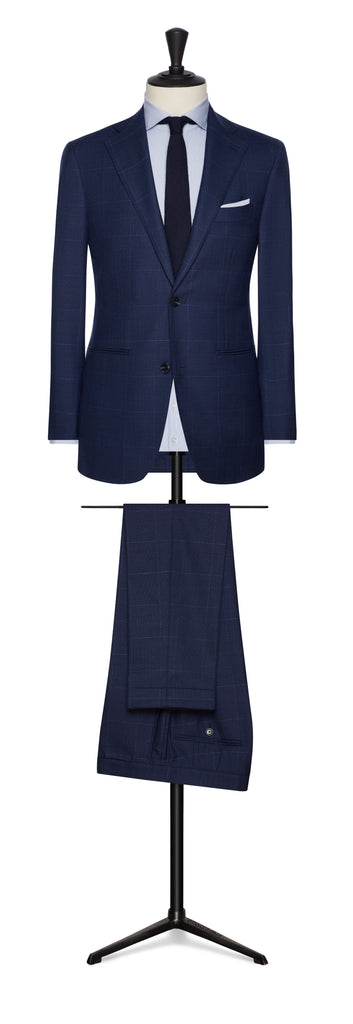 Barberis Canonico Mid Blue Check with Fine White Windowpane S130 Doppio Ritorto Merino Wool