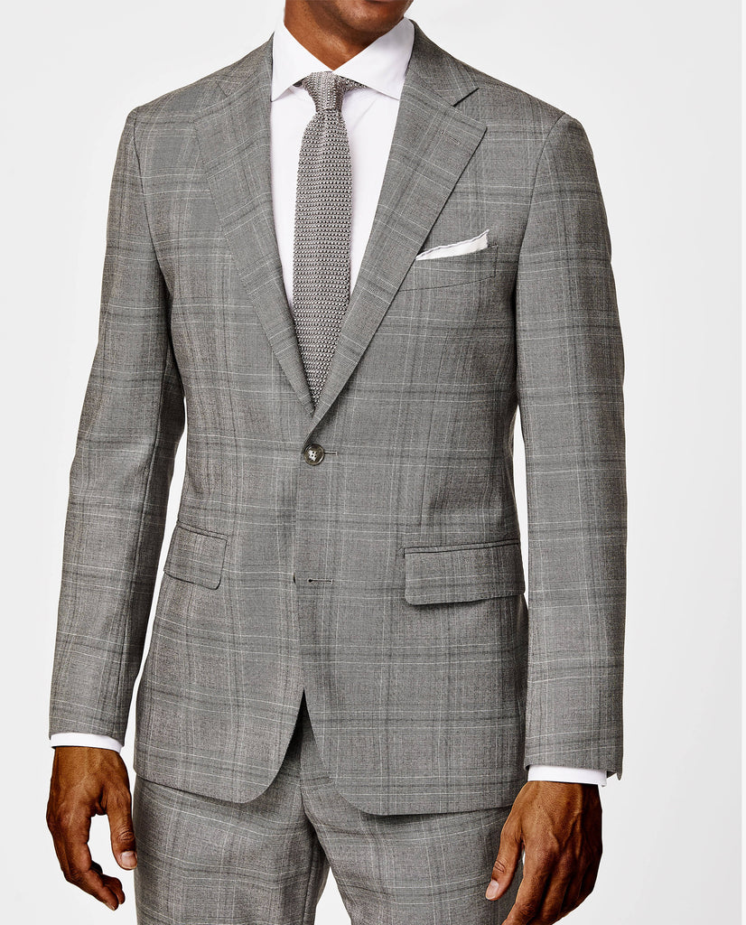 Barberis Canonico Stone Grey Doppio Ritorto Super 130 Merino Wool with Black Glencheck