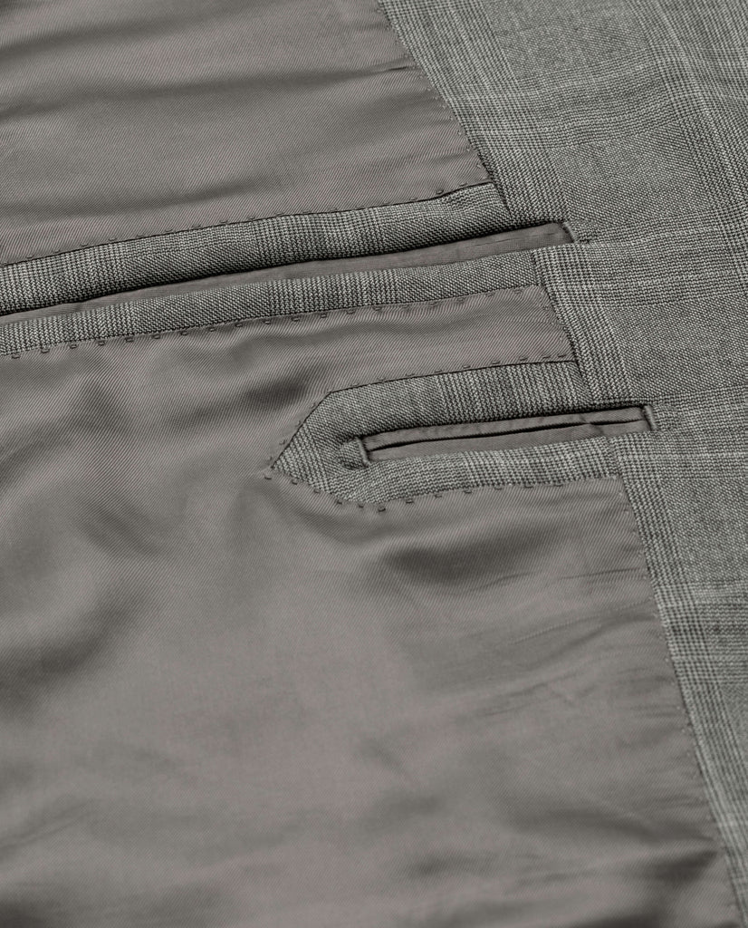 Barberis Canonico Stone Grey Doppio Ritorto Super 130 Merino Wool with Black Glencheck