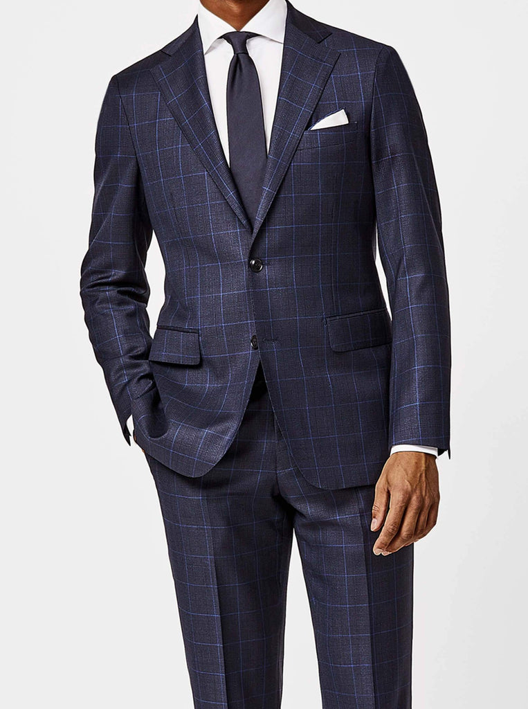 Loro Piana Zelander Natural Stretch Dark Blue Merino Wool Glen Plaid with Blue Windowpane