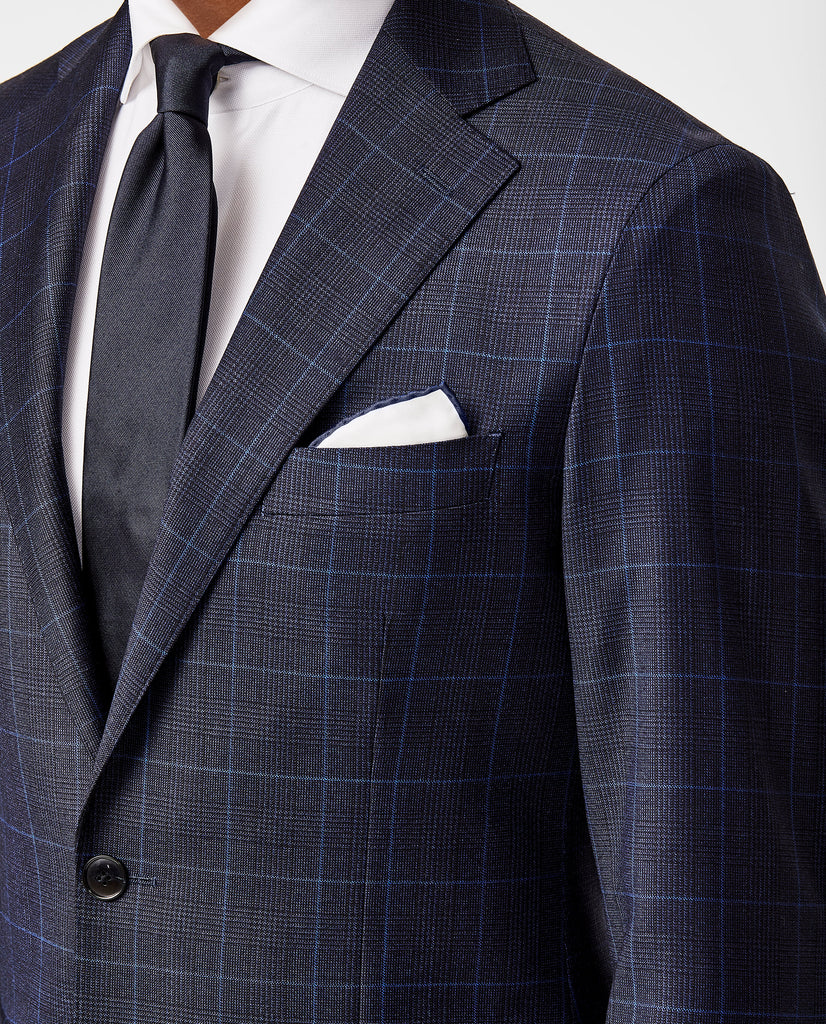 Loro Piana Zelander Natural Stretch Dark Blue Merino Wool Glen Plaid with Blue Windowpane