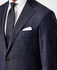 Loro Piana Zelander Natural Stretch Dark Blue Merino Wool Glen Plaid with Blue Windowpane