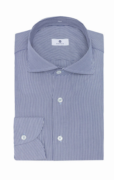 Albini Navy Blue Stripe Poplin Cotton 365 Easy Care Cotton