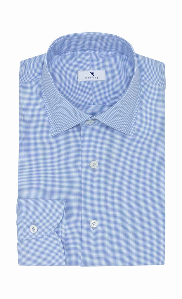 Canclini White Natural Stretch Organic Cotton Fine Twill Flannel with Light Blue Houndstooth