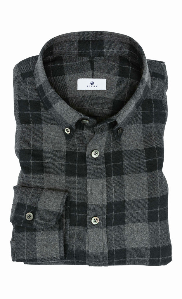 Canclini Heathered Grey Organic Cotton Twill Flannel with Black and Charcoal Check