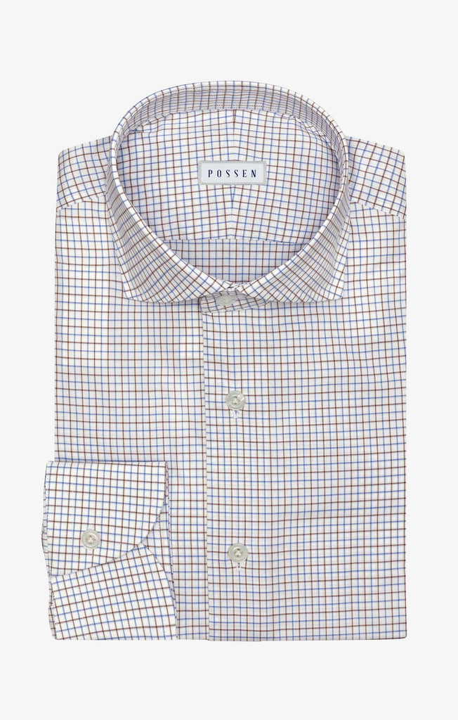 white cotton poplin with blue brown tattersall check