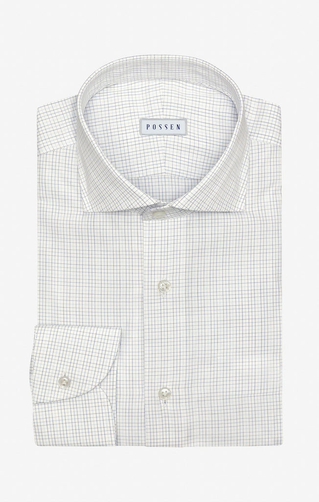 white cotton poplin with fine mixed blue tattersall check