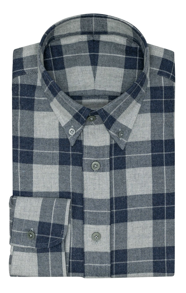 Canclini Light Grey Organic Cotton Twill Flannel With Storm Blue Check