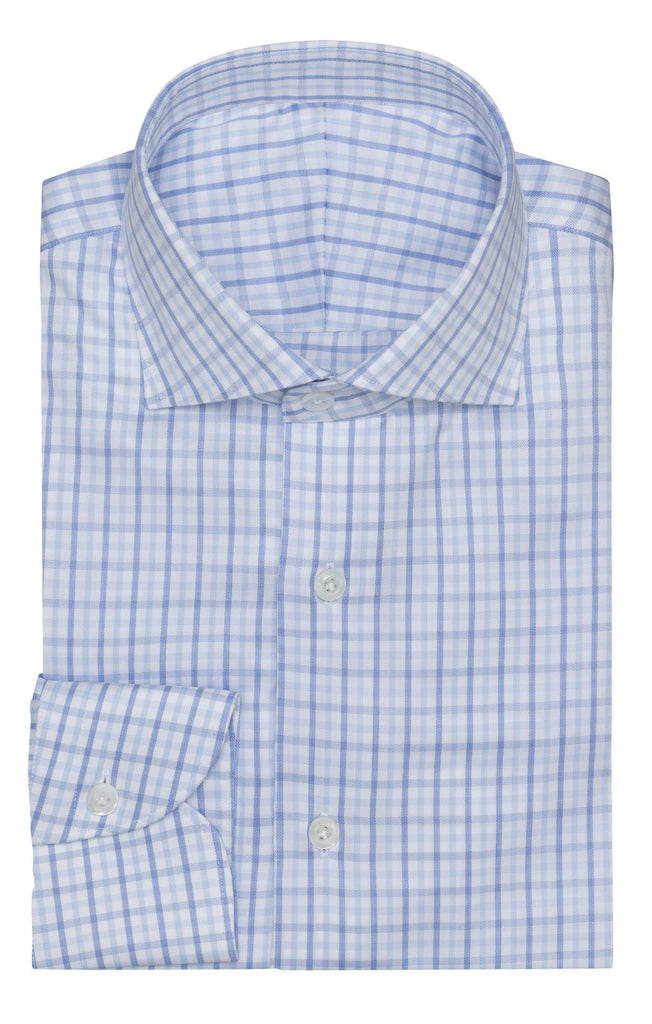 White Cotton Fine Twill With Mixed Blue Tattersall Check