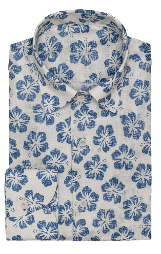 Testa Off White with Blue Hawaiian Flowers Pure Organic Linen