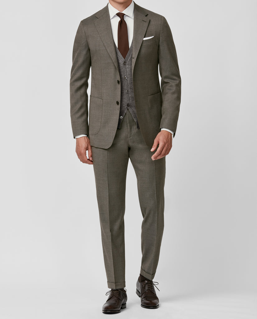 Barberis Canonico Mid Brown & Grey Sharskin S110 Merino Wool Doppio Ritorto