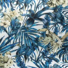 White-Cotton-Poplin-With-Blue-Tropical-Leaves-And-BirdsPC07160gr Fabric