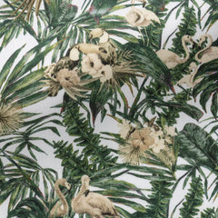 White-Cotton-Poplin-With-Green-Tropical-Leaves-And-BirdsPC07160gr Fabric